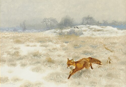 Fox and scent hounds in winter landscape, 1922, Bruno Liljefors