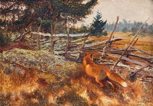 Fox at roundpole fence, 1912, Bruno Liljefors