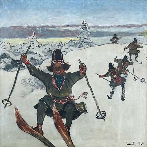 Sami people on skis, 1898, Bruno Liljefors