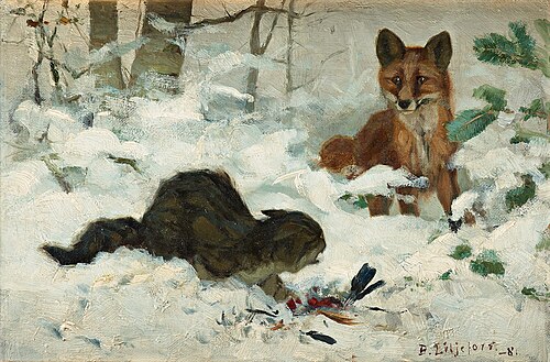 Räv som överraskar en katt, 1881, Bruno Liljefors