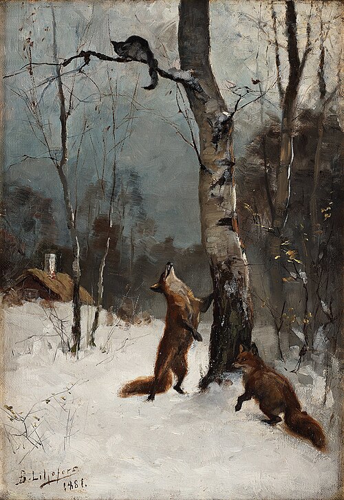 Foxes and cat, winter landscape, 1881, Bruno Liljefors