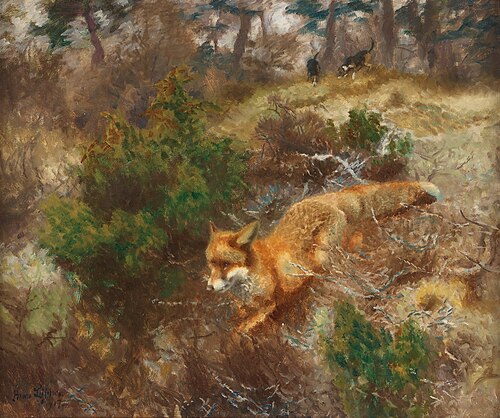 Fox and hunting dogs, 1917, Bruno Liljefors