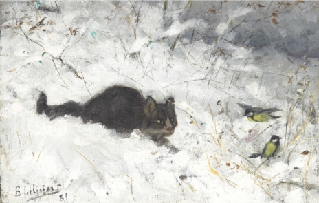 On the hunt, cat and great tits in winter landscape, 1881, Bruno Liljefors