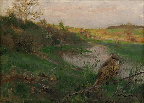 Landscape with song thrush at water, 1891, Bruno Liljefors
