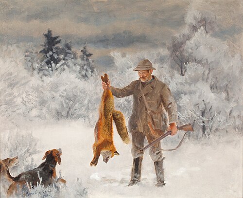 Jägare med jakthundar och räv., 1924, Bruno Liljefors