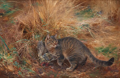 Cat with European green woodpecker, 1890, Bruno Liljefors