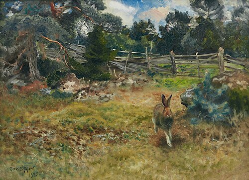 Hare skuttandes genom en hage på Bullerö, 1920, Bruno Liljefors