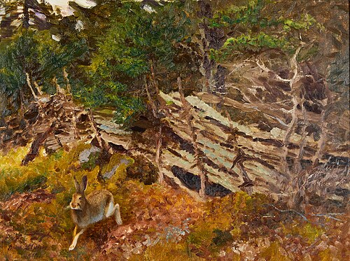 Hare in forest landscape, 1919, Bruno Liljefors
