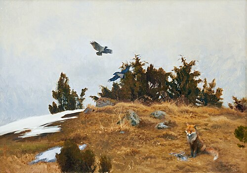 Fox with prey and crows in spring-winter landscape, 1927, Bruno Liljefors