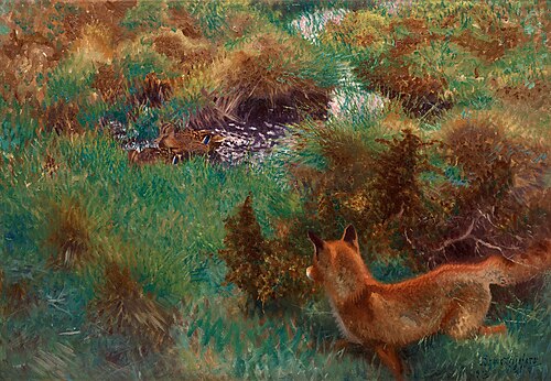 Fox stalking wild ducks, 1913, Bruno Liljefors