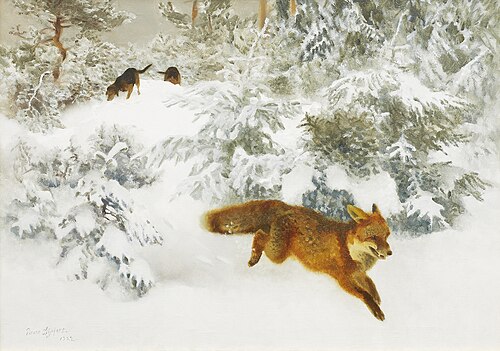 Fox in winter landscape with scent hounds, 1922, Bruno Liljefors