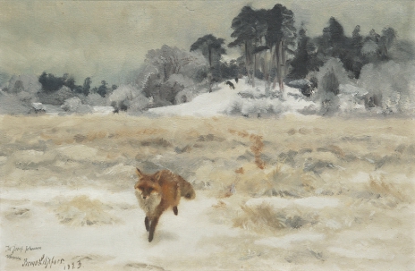 Fox in winter landscape with scent hounds, 1923, Bruno Liljefors