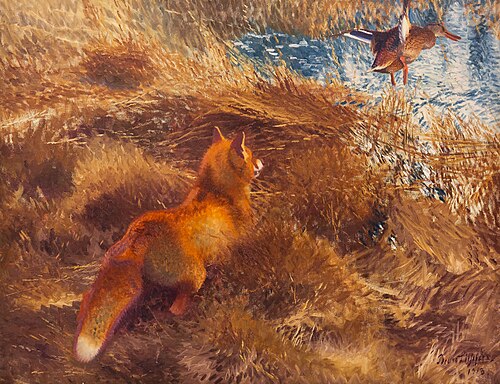 Fox hunting a duck, 1913, Bruno Liljefors