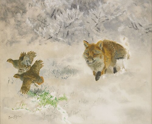 Fox hunting Black Grouse hens in winter landscape, , Bruno Liljefors