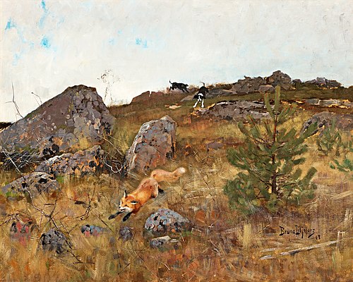 Scenthounds hunting fox in autum, 1883, Bruno Liljefors
