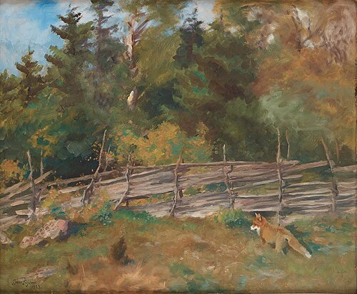 Summer landscape with fox at roundpole fence, 1929, Bruno Liljefors