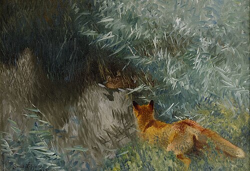 Fox stalking at the water's edge, 1915, Bruno Liljefors