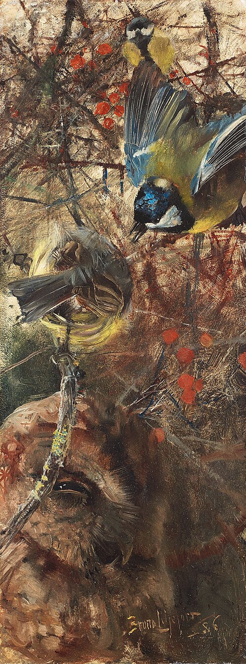 Great tits and owl, 1886, Bruno Liljefors