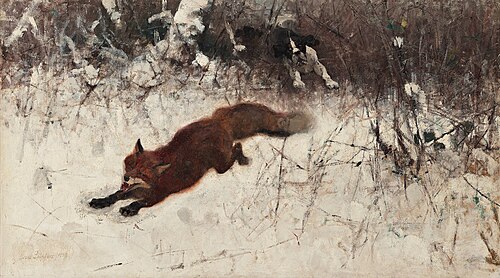 Winter hunting with fox and scent hound, 1898, Bruno Liljefors