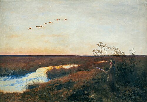 Twilight over landscape with stretching ducks and hunter, 1927, Bruno Liljefors