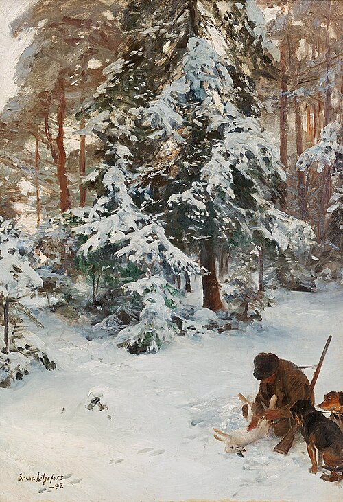 Vinterlandskap med jägare och hundar, 1892, Bruno Liljefors