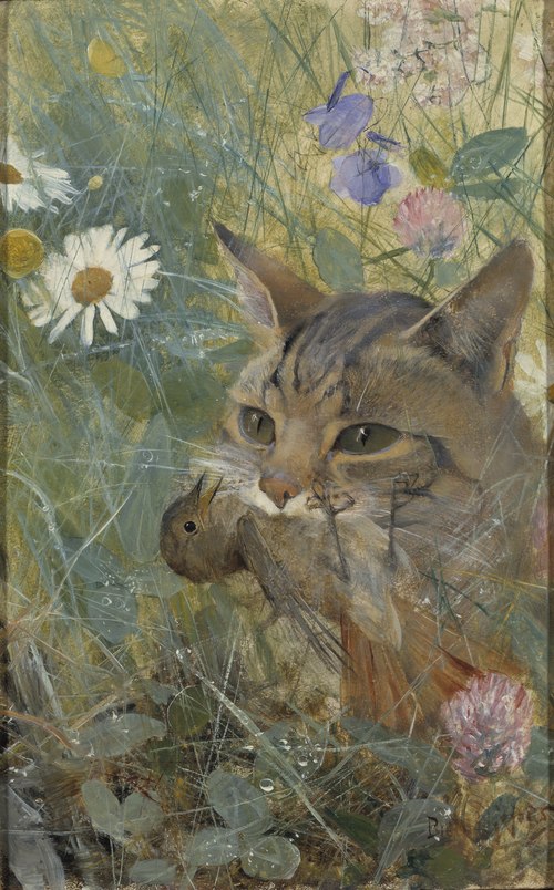 A Cat with a Young Bird in its Mouth. Five studies in one frame NM 2223-2227, 1885, Bruno Liljefors