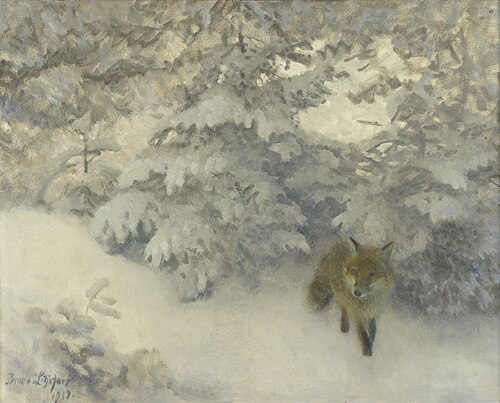 Vos tredend uit besneeuwde bosrand, 1919, Bruno Liljefors