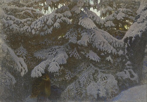 Oehoe onder besneeuwde sparren, 1907, Bruno Liljefors