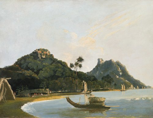 'View of part of Owharre [Fare] Harbour, Island of Huahine', 1774, William Hodges