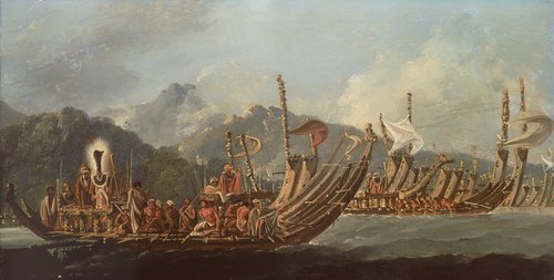 Review of the war galleys at Tahiti ['The Fleet of Otaheite assembled at Oparee'], 1776, William Hodges