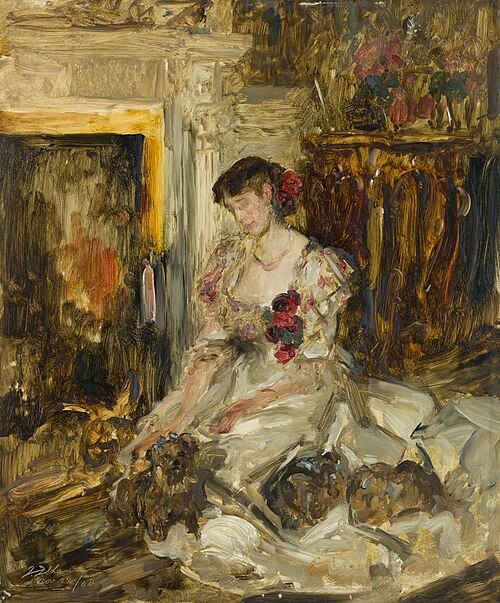 Lady Barber Seated with Yorkshire Terriers in the Music Room at Culham Court, 1908, James Jebusa Shannon