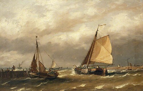 Dutch Boats Leaving Harbour in a Breeze, 1884, Richard Henry Nibbs