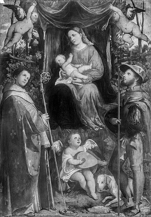 Mary and child enthroned with two saints, , Il Romanino