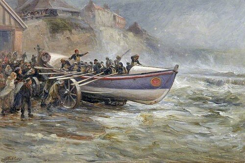 Launching the Cullercoats Lifeboat, 1902, Robert Jobling