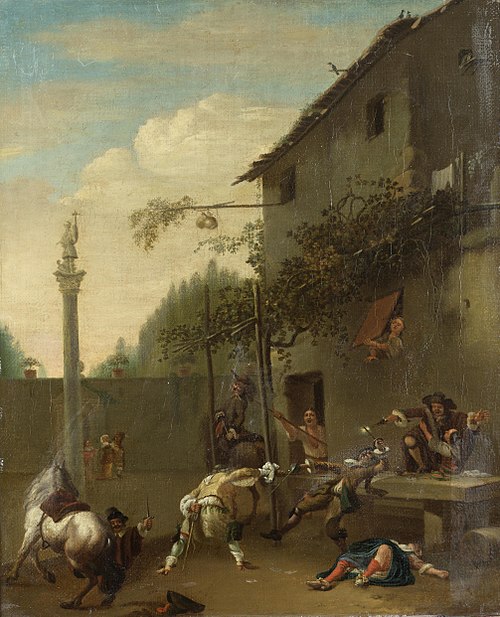 Soldiers fighting outside an inn, 1670, Roeland van Laer