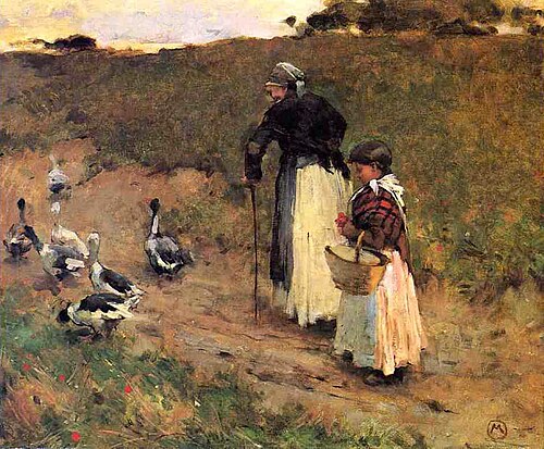 Old woman with child and goose, 1884, Willard Metcalf