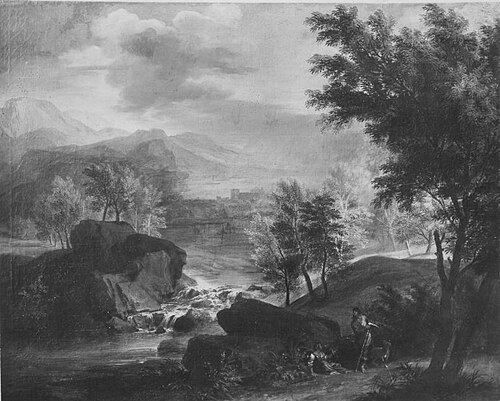Landschaft mit Seestädtchen und Wasserfall, , Franz Joachim Beich