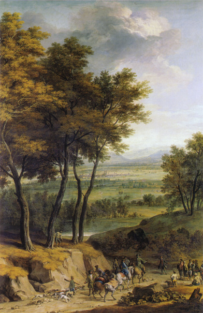 Landscape with view towards Munich, with a hunting party returning home, 1722, Franz Joachim Beich