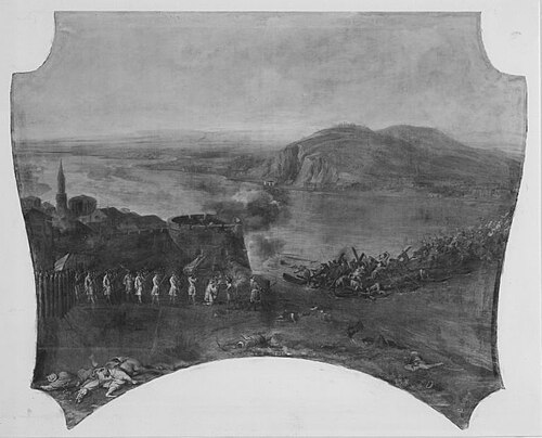 Die zerstörte Donaubrücke bei Pest 1684, 1722, Franz Joachim Beich