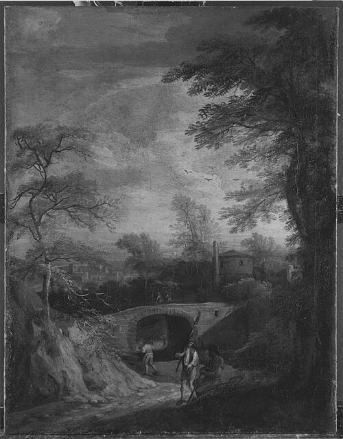 Italienische Abendlandschaft mit Brücke (Art des), 1706, Franz Joachim Beich
