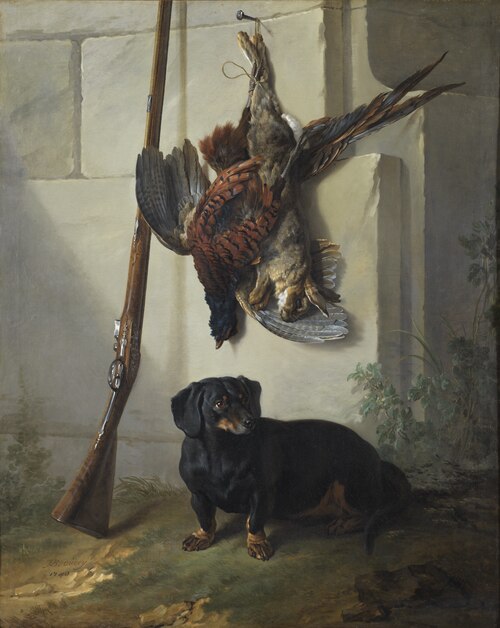 Basset, gibier mort et fusil, 1740, Jean-Baptiste Oudry
