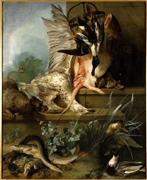 Still Life with a Spaniel Chasing Ducks ("Water"), 1719, Jean-Baptiste Oudry