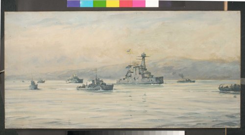 The Greek cruiser Averoff and escorts, 1950, Rowland Langmaid