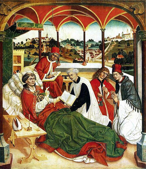 Weihenstephaner Altar: Tod des hl. Korbinian Rückseite: Christus am Ölberg, 1484, Jan Polack
