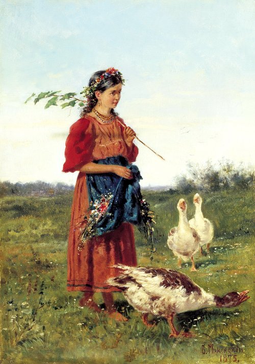 Girl with goose in the field, 1875, Vladimir Makovski