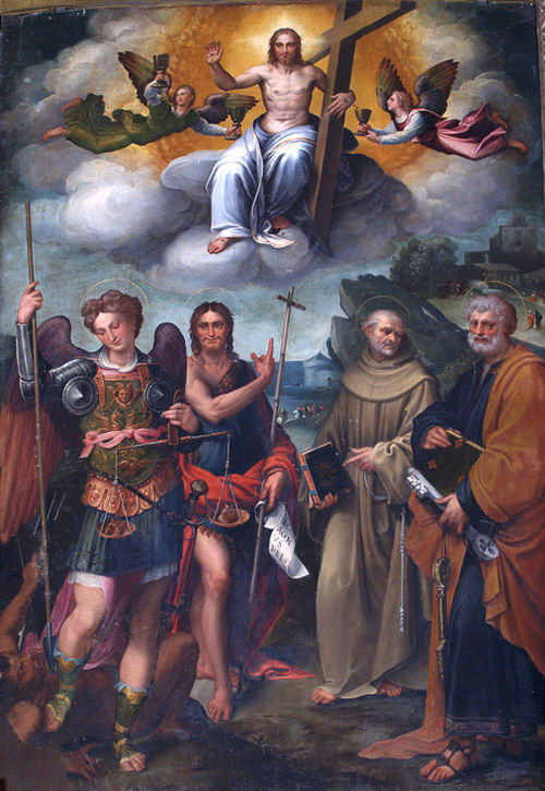 Cristo redentor con San Miguel arcángel, San Juan Bautista, San Pedro y San Bernardino, , Bartolommeo Ramenghi