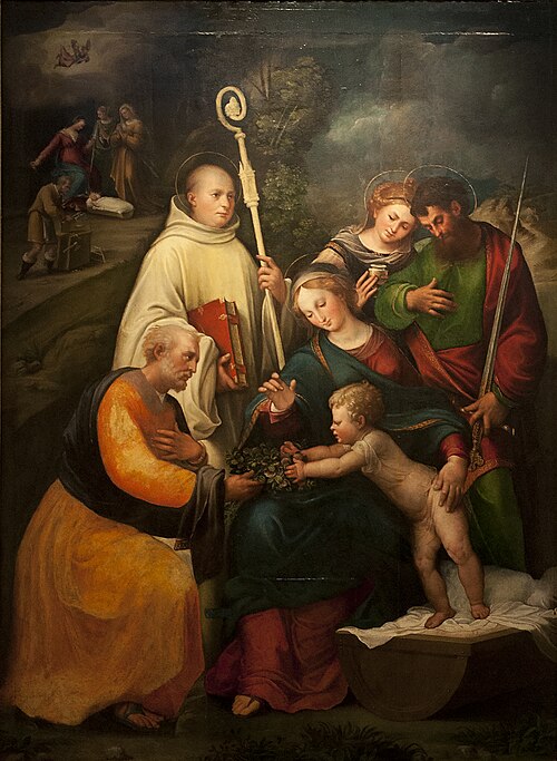 De Heilige Familie met Benedictus, Paulus en Maria Magdalena, 1525, Bartolommeo Ramenghi