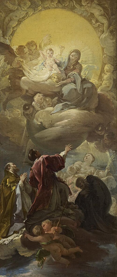 Madonna and Child in Glory appearing to St Stephen and three other Saints, 1763, Corrado Giaquinto