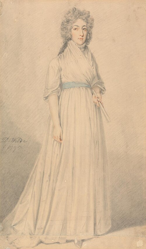 A Lady, full length, Wearing a Blue Sash and Holding a Fan, 1795, Samuel De Wilde