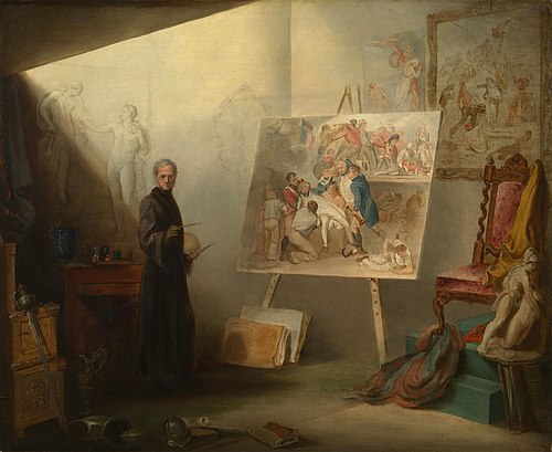 Self-portrait in the artist's studio painting The Death of Nelson, 1806, Samuel Drummond